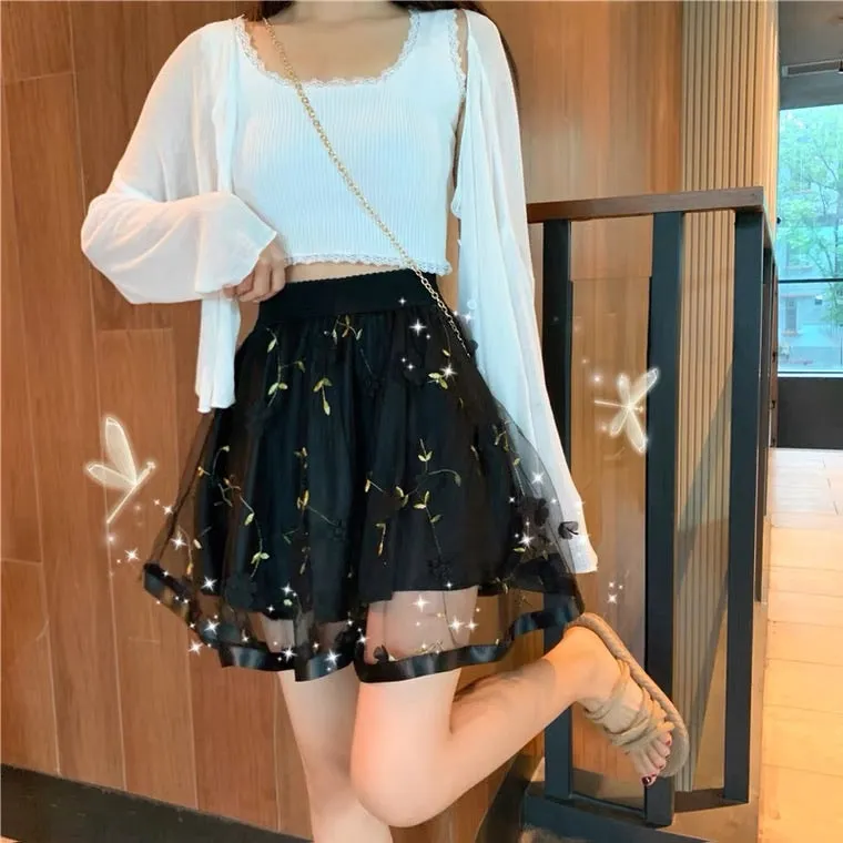 Sweet Flower Embroidery High Waist Skirt