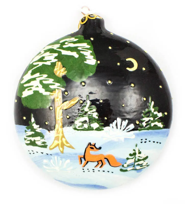 Large Round Ceramic Ornament, Fox Meets Deer Design