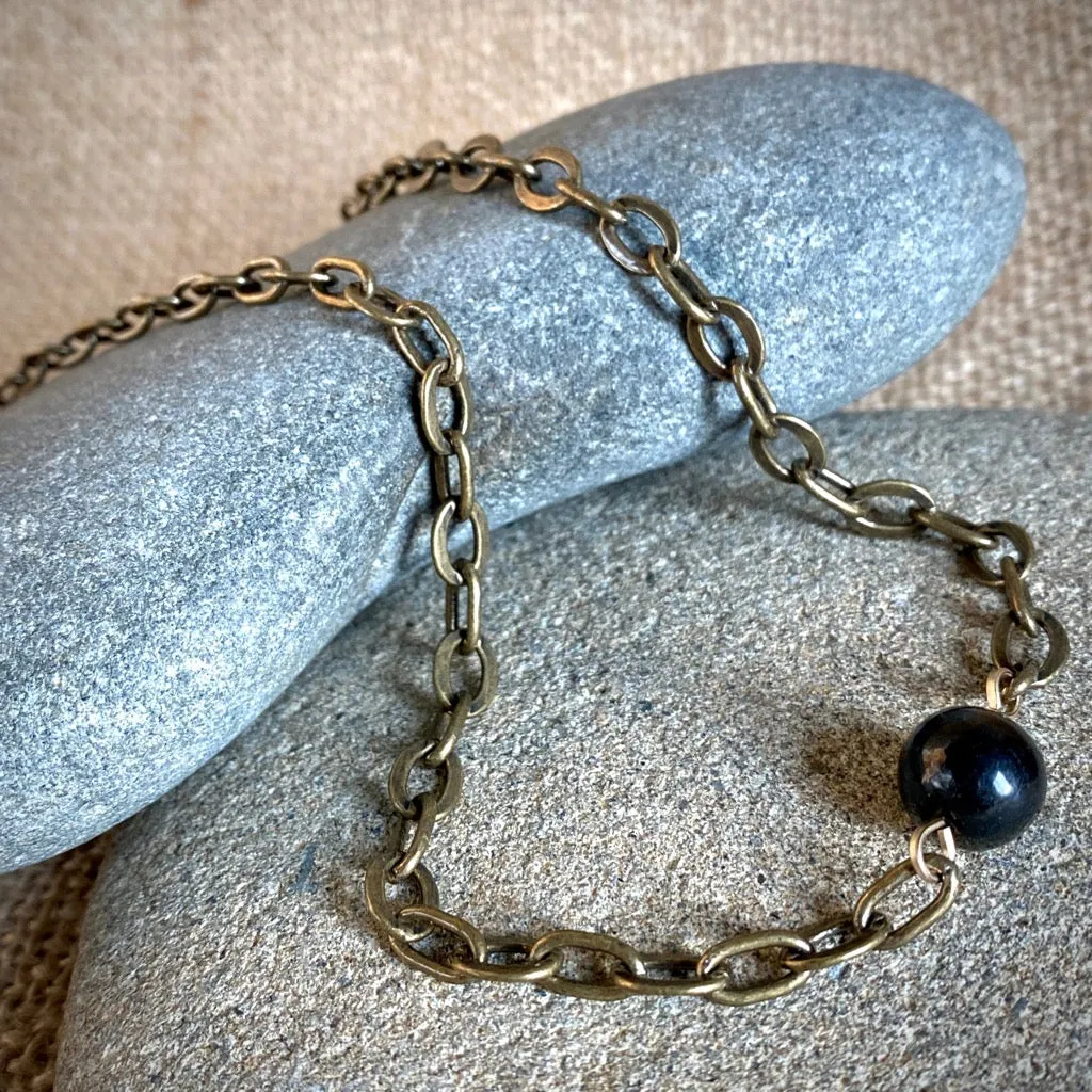 Simple Shungite Bead Necklace, Unisex, Chunky Brass Chain, Elephant Clasp