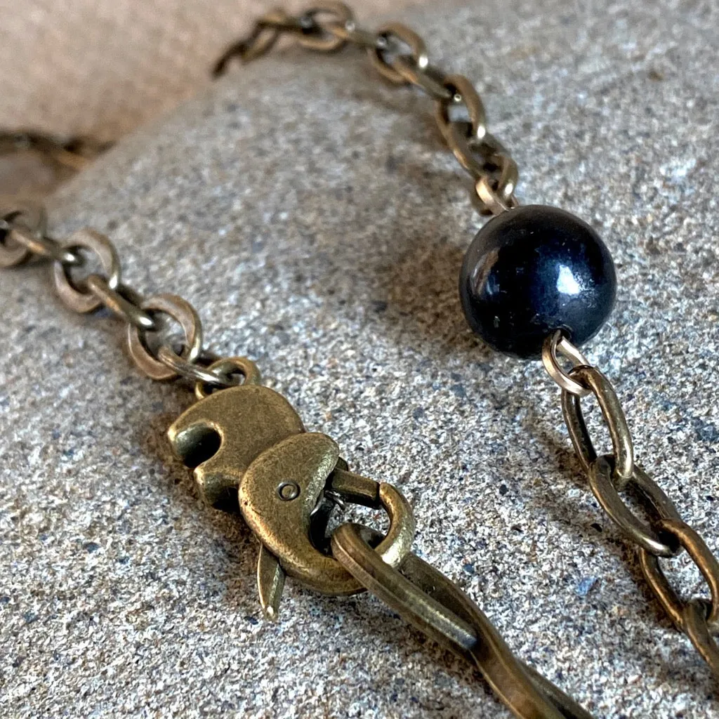 Simple Shungite Bead Necklace, Unisex, Chunky Brass Chain, Elephant Clasp