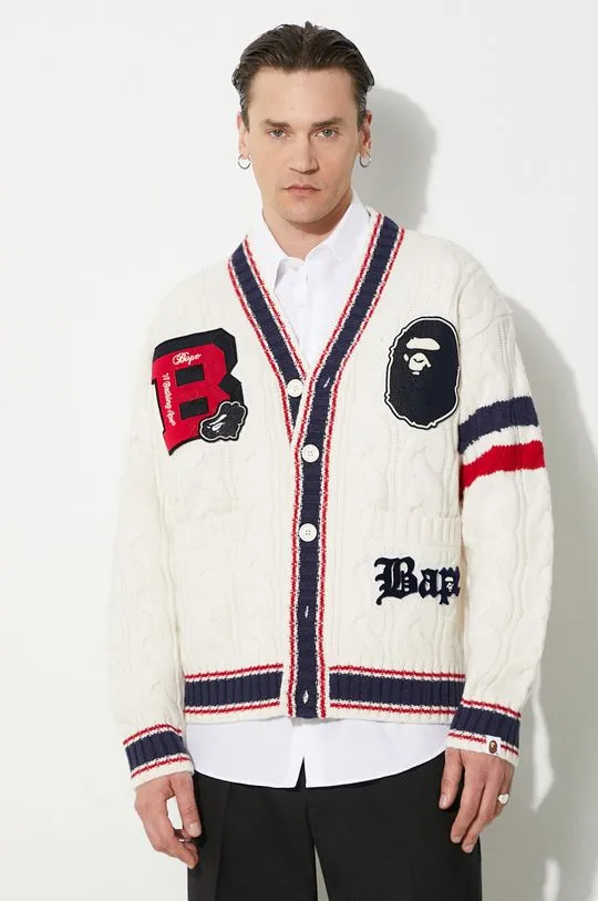 A Bathing Ape Wool Cardigan College Badges Knit White 1J80120051