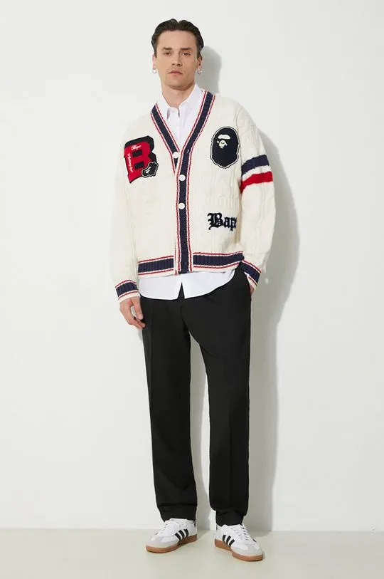 A Bathing Ape Wool Cardigan College Badges Knit White 1J80120051