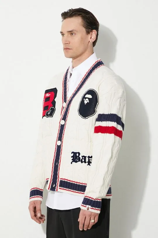 A Bathing Ape Wool Cardigan College Badges Knit White 1J80120051