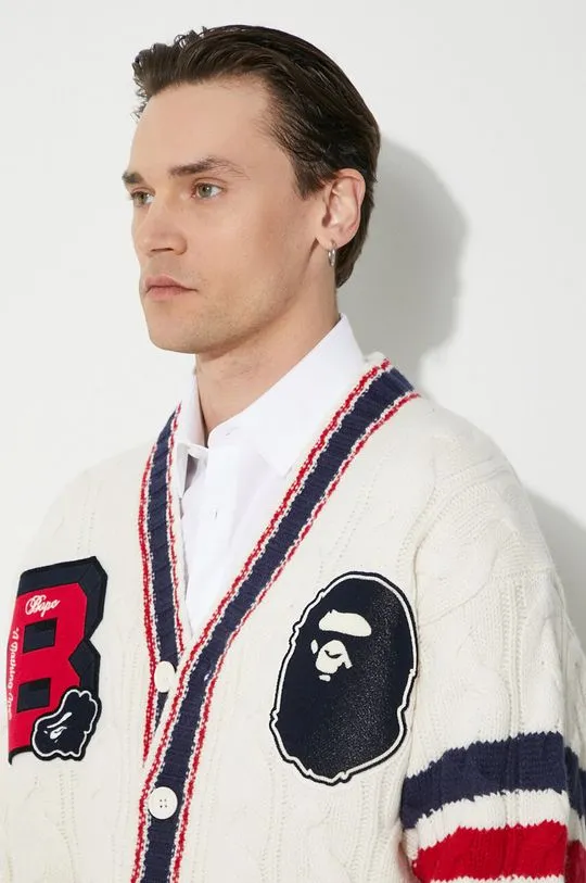 A Bathing Ape Wool Cardigan College Badges Knit White 1J80120051