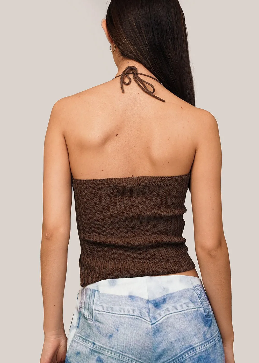 Ribbed Knit Asymmetrical Halter Blouse