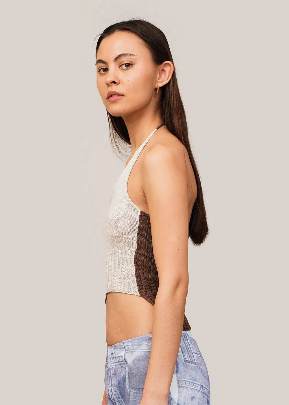 Ribbed Knit Asymmetrical Halter Blouse