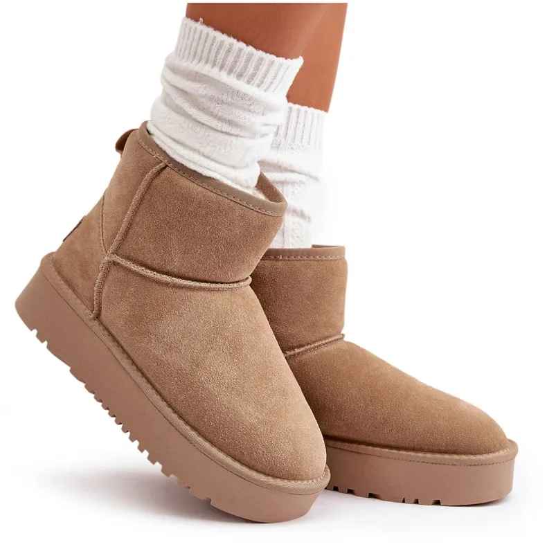 Beige Platform Suede Ankle Snow Boots