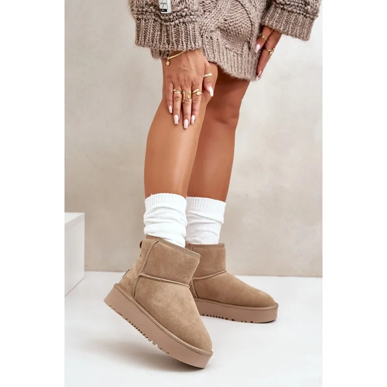 Beige Platform Suede Ankle Snow Boots