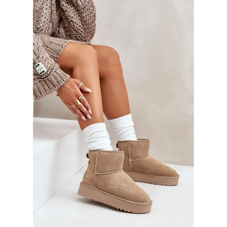 Beige Platform Suede Ankle Snow Boots