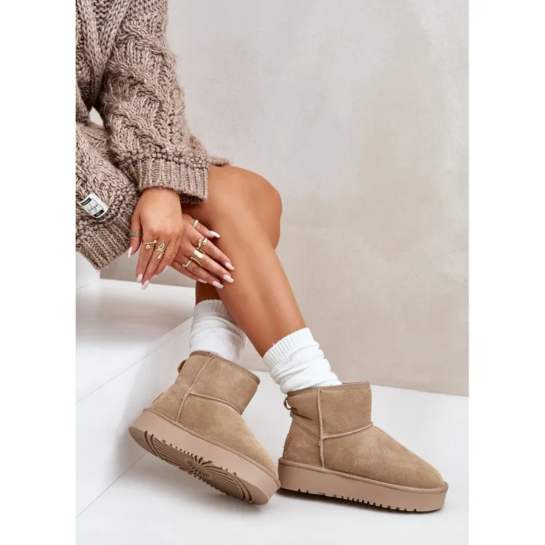 Beige Platform Suede Ankle Snow Boots