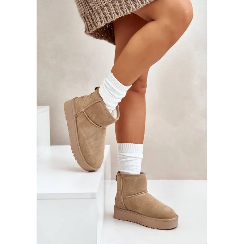 Beige Platform Suede Ankle Snow Boots