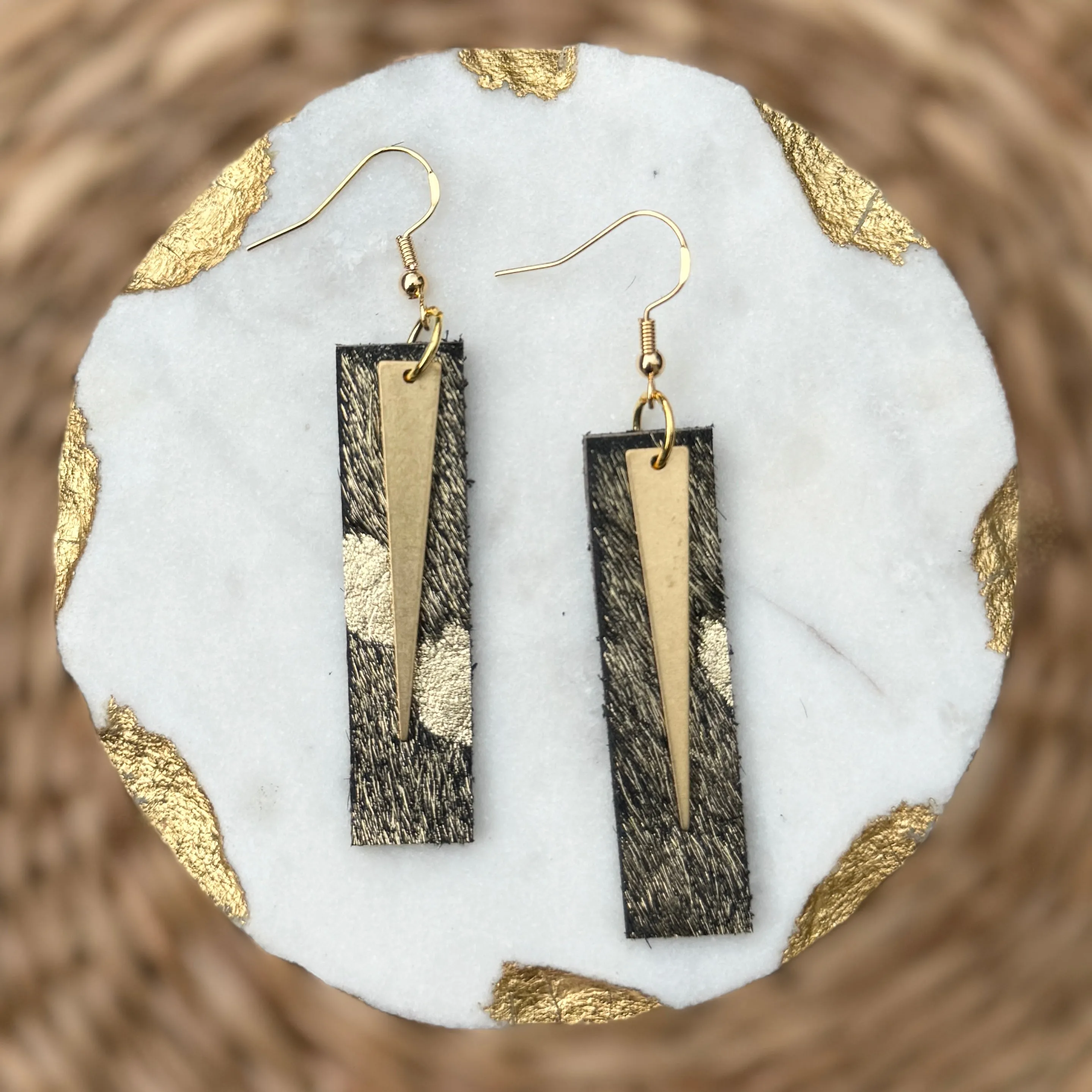 Spike Bars - Black + Gold Acid Wash - Leather Earrings