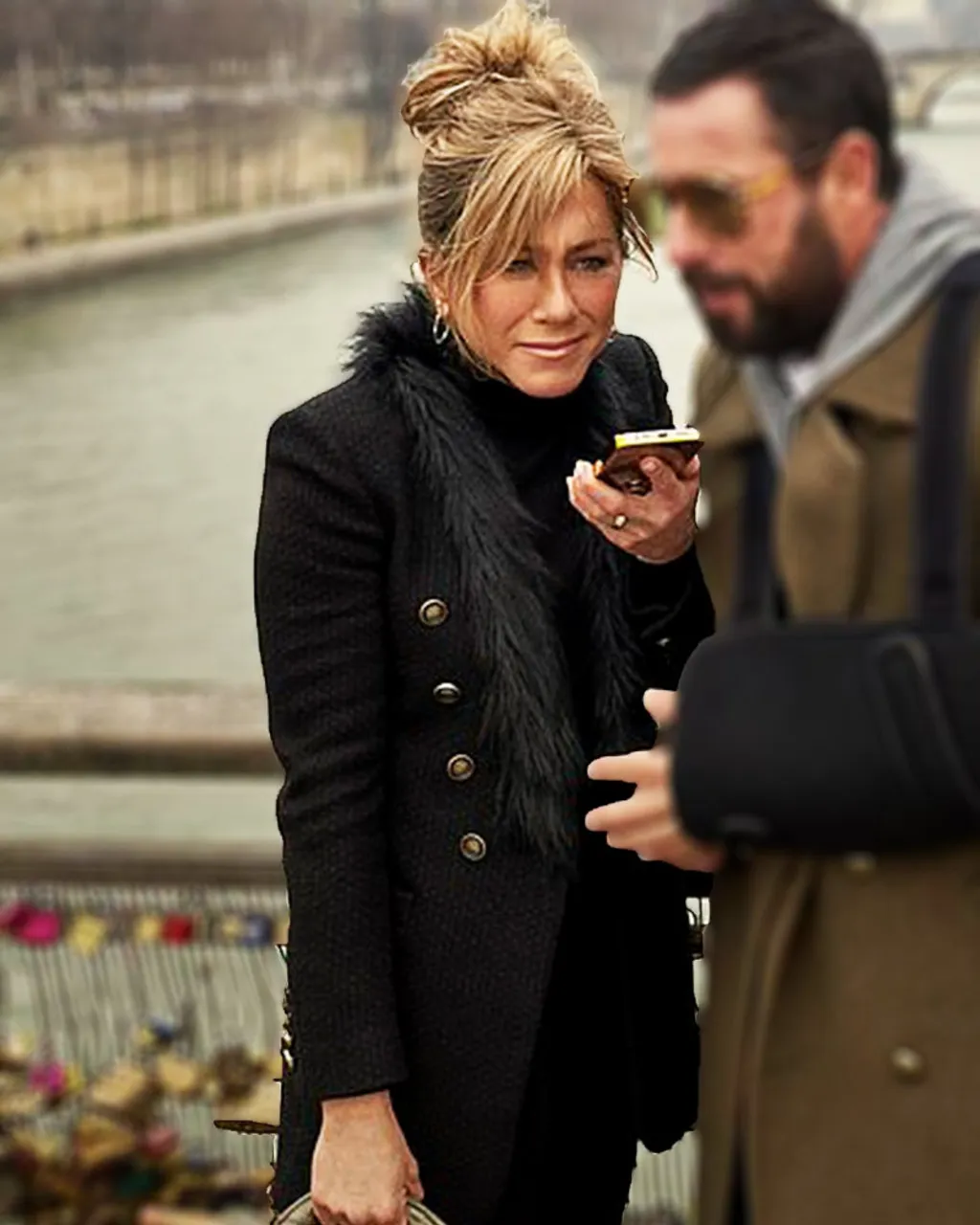 Black Fur Coat worn by Jennifer Aniston in Murder Mystery 2