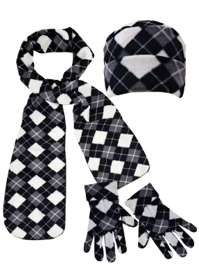 Black White Gray Diamond Pattern Polar Fleece Scarf Gloves Hat Set