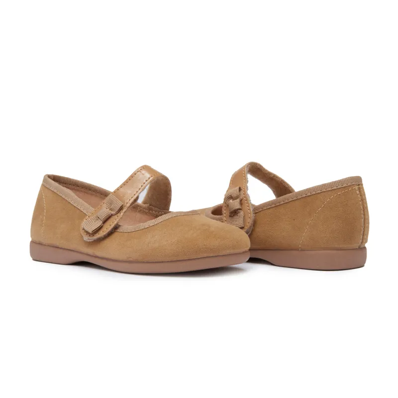 Trendy Camel Suede Mary Janes with Bow