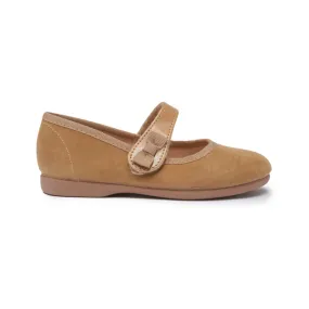 Trendy Camel Suede Mary Janes with Bow