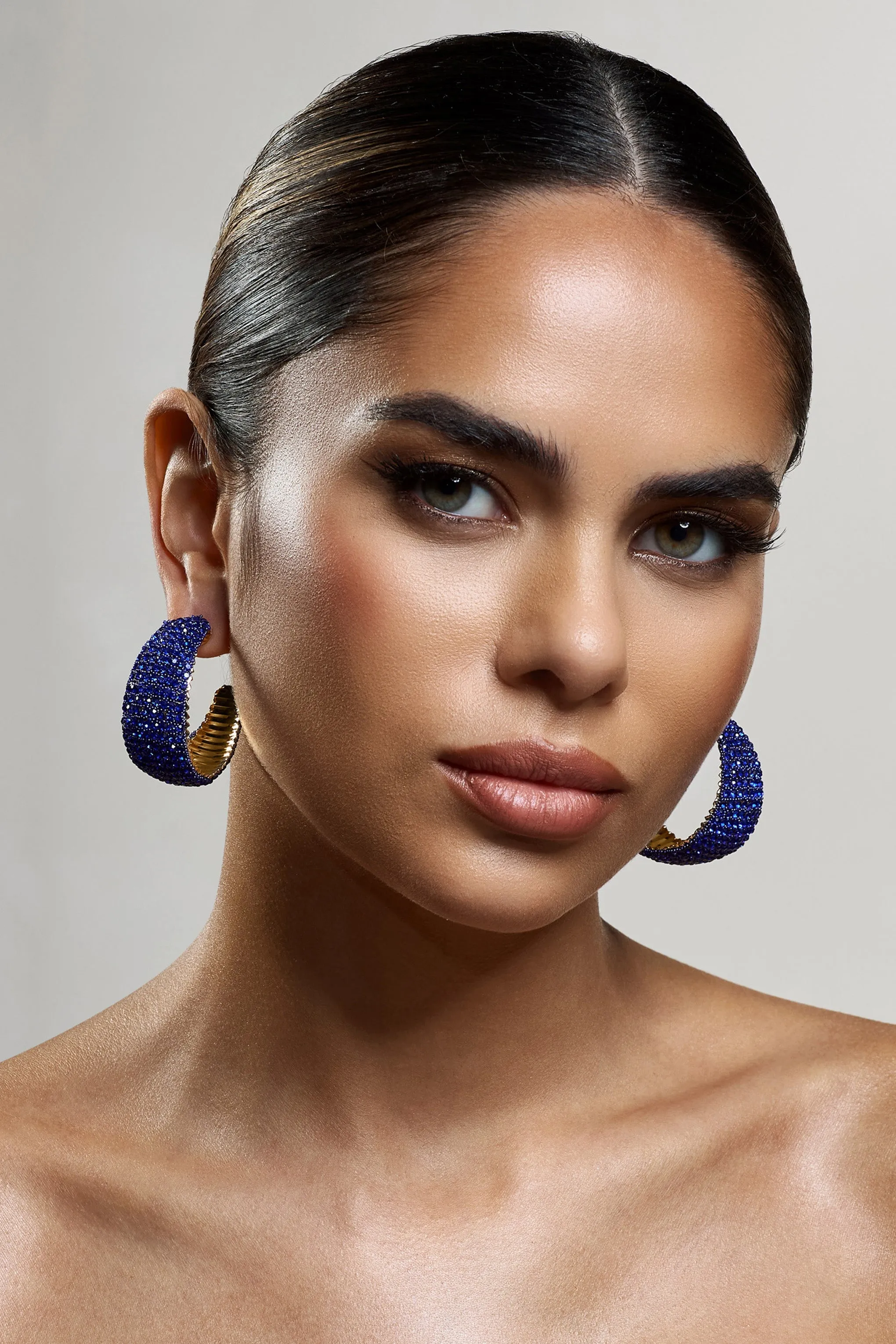 Chunky Gold Ibiza Hoop Earrings with Blue Diamante