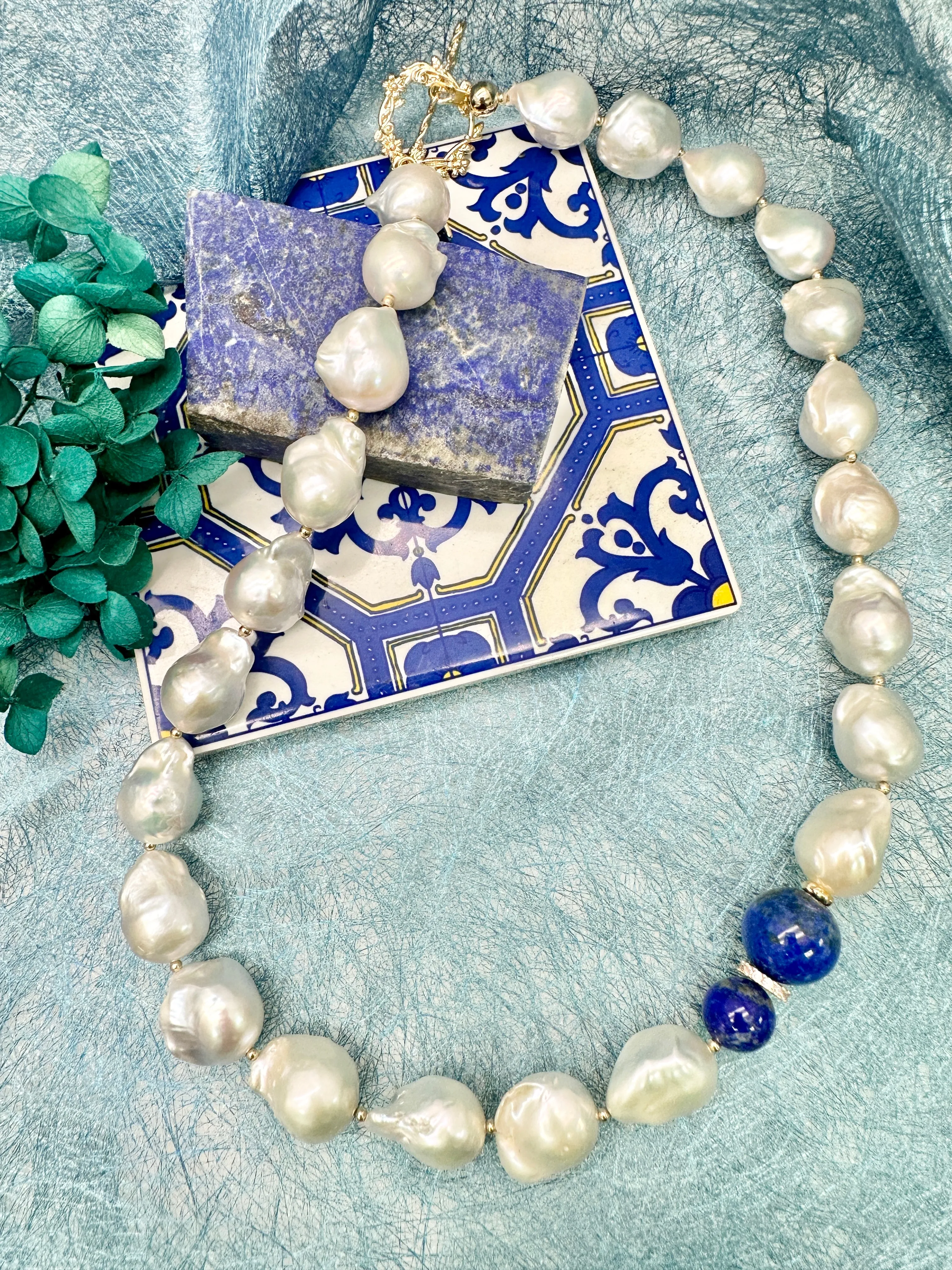 Baroque Blue Lapis Pearl Chunky Necklace LN036