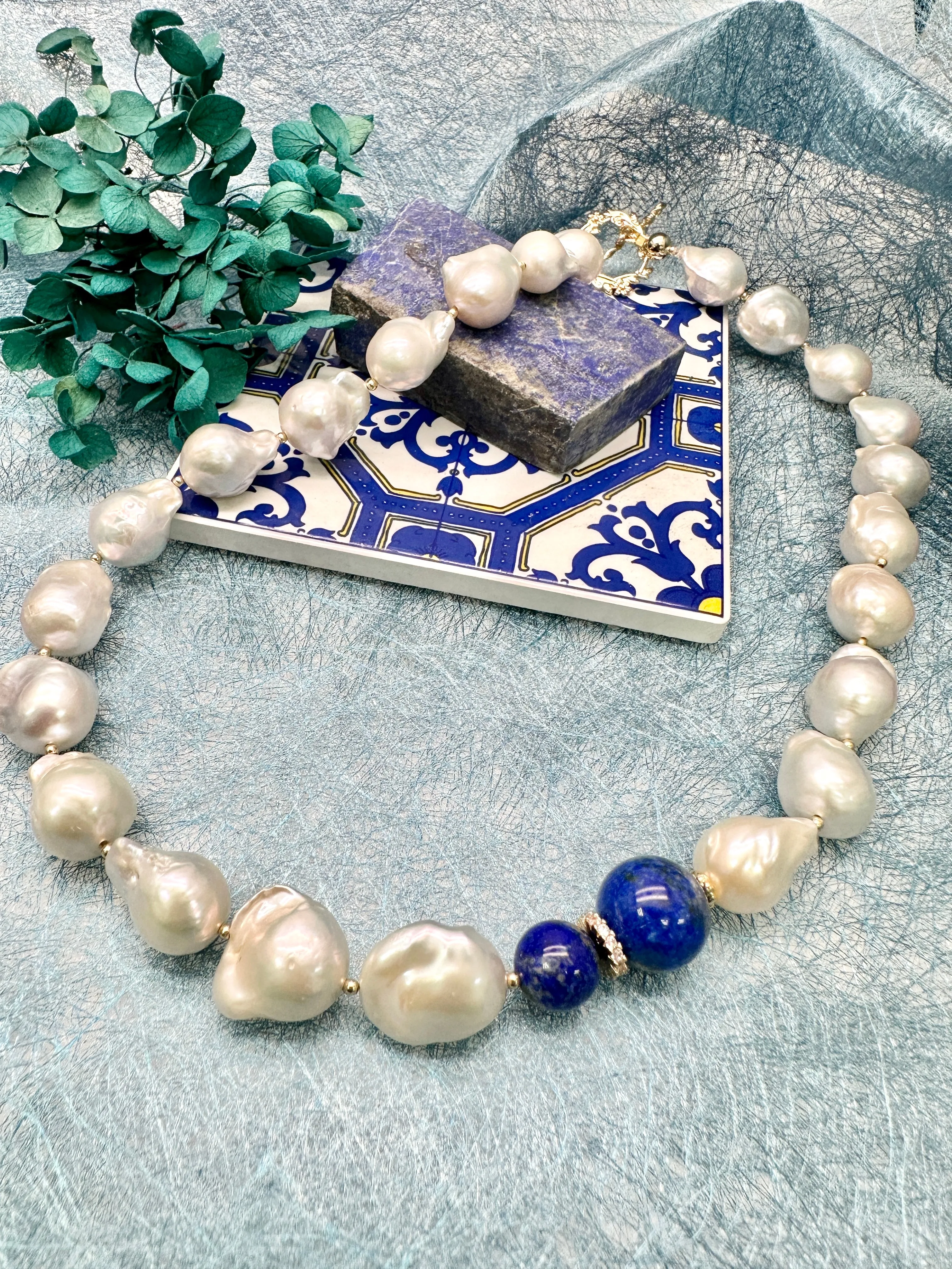 Baroque Blue Lapis Pearl Chunky Necklace LN036