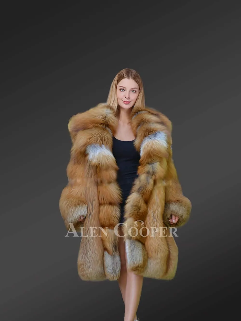 Classic Red Fox Fur Coat with Trimline Detail