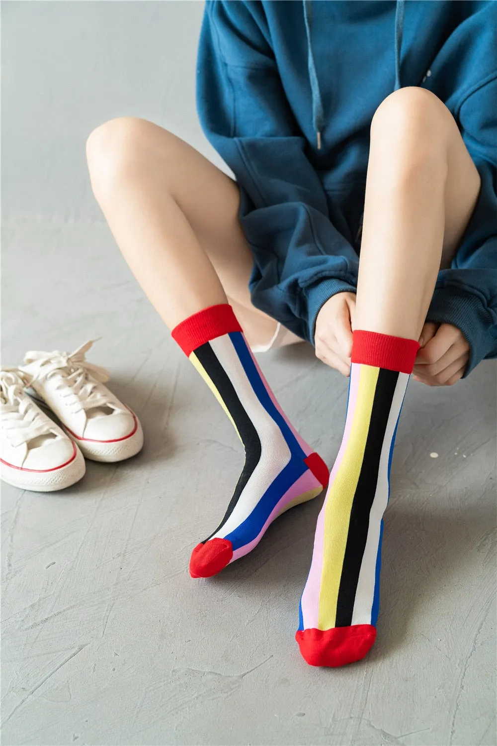 Rainbow Stripes Cotton Crew Socks