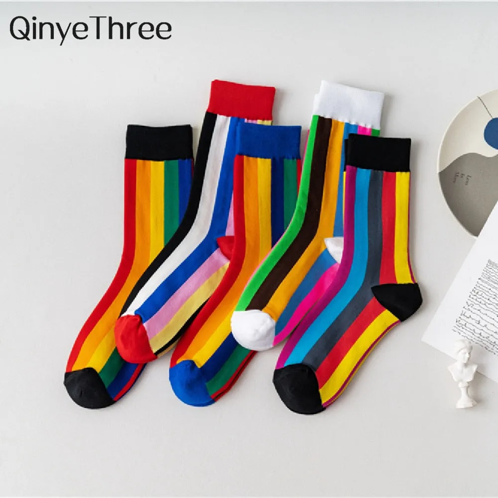 Rainbow Stripes Cotton Crew Socks