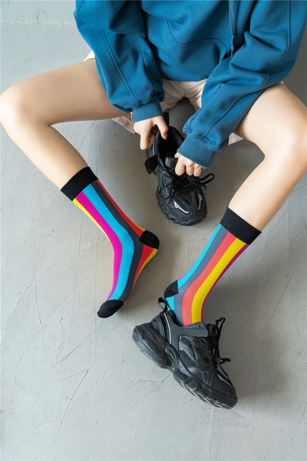 Rainbow Stripes Cotton Crew Socks