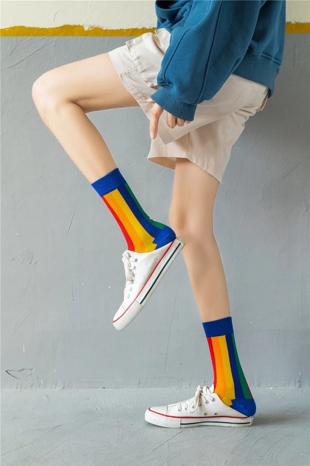 Rainbow Stripes Cotton Crew Socks