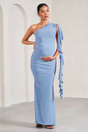 Cornflower Blue One-Shoulder Ruffled Maternity Maxi Dress