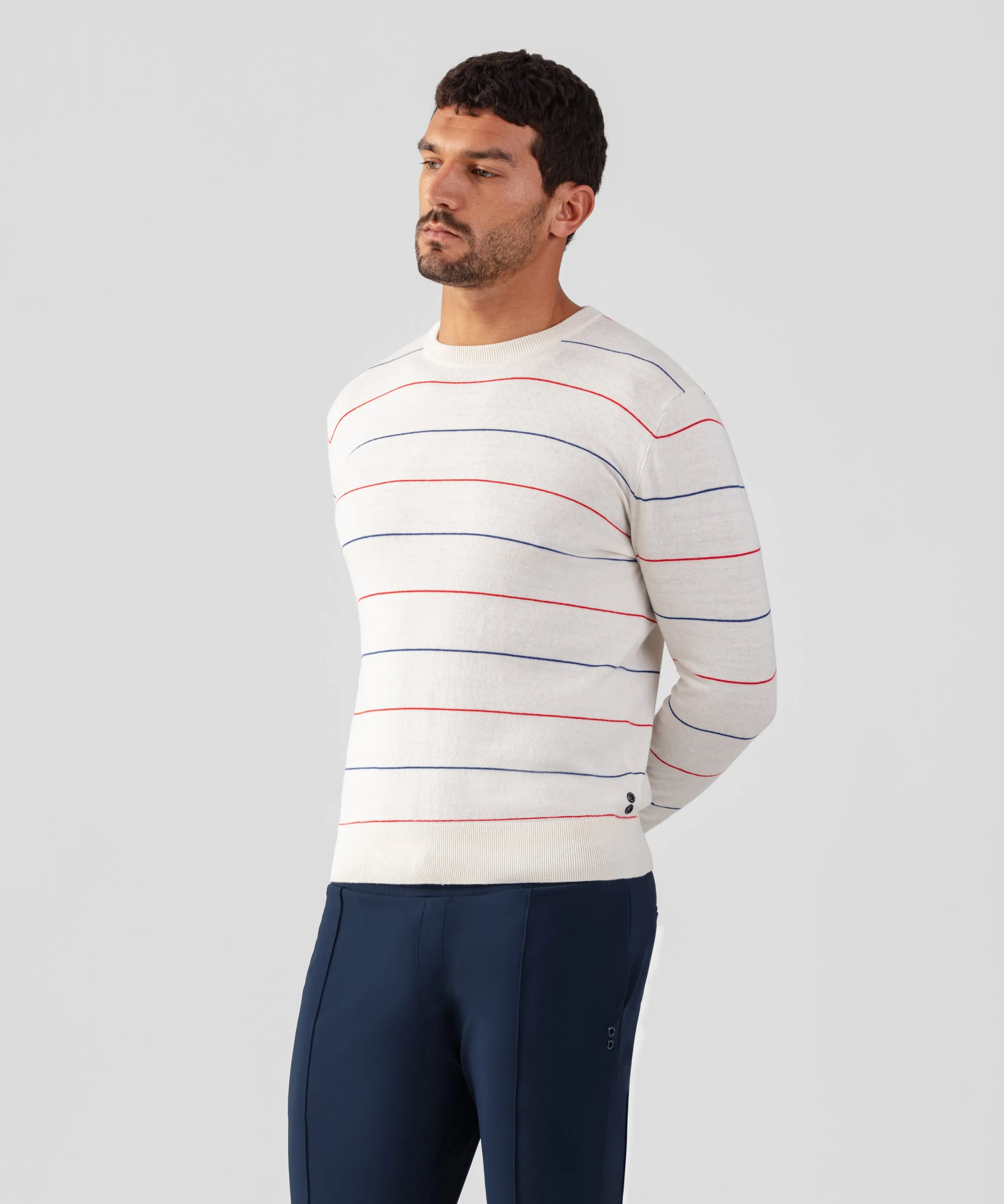 Off-White Cotton-Silk Cashmere Sweater with Tennis Stripes