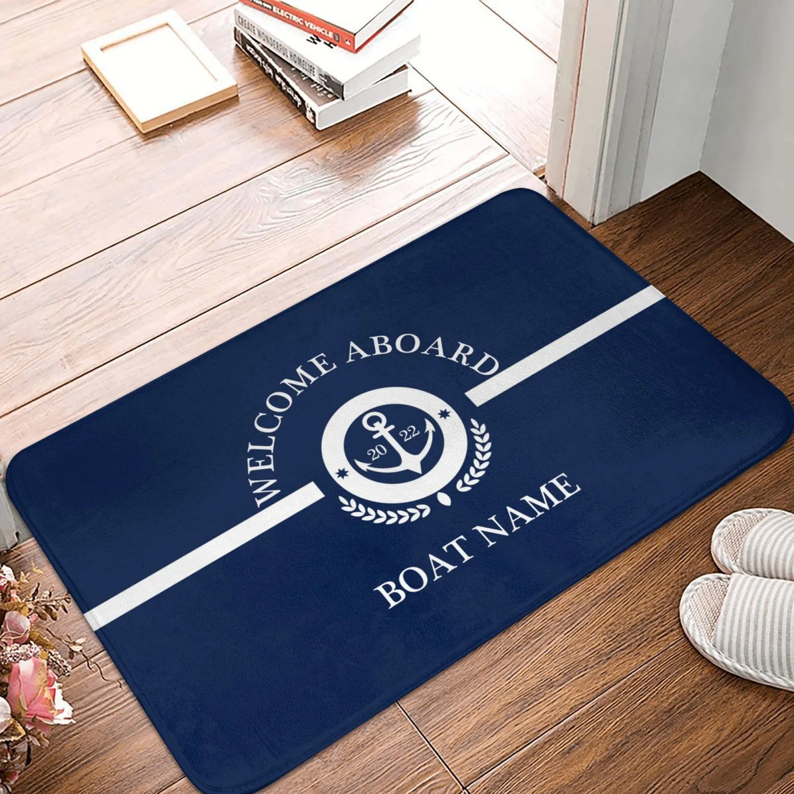 Customizable Dark Blue Nautical Home Kitchen Bathroom Floor Mats