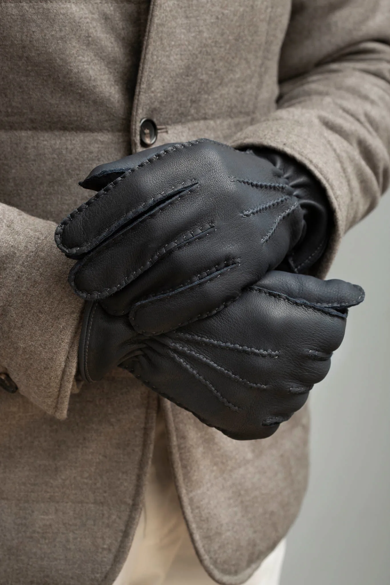 Italian Dark Blue Cashmere Lined Deerskin Leather Gloves