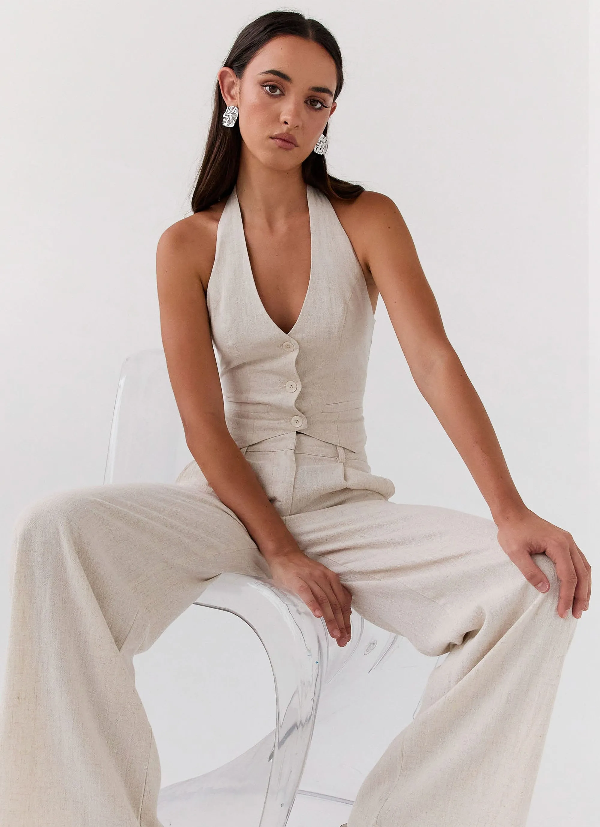 Exclusive - Ambrosa Halterneck Linen Vest - Oatmeal