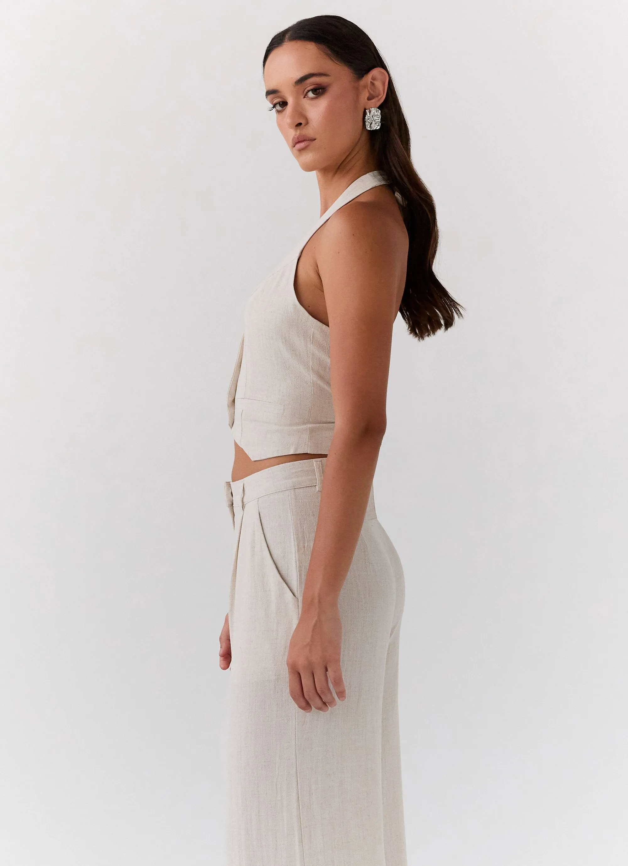 Exclusive - Ambrosa Halterneck Linen Vest - Oatmeal