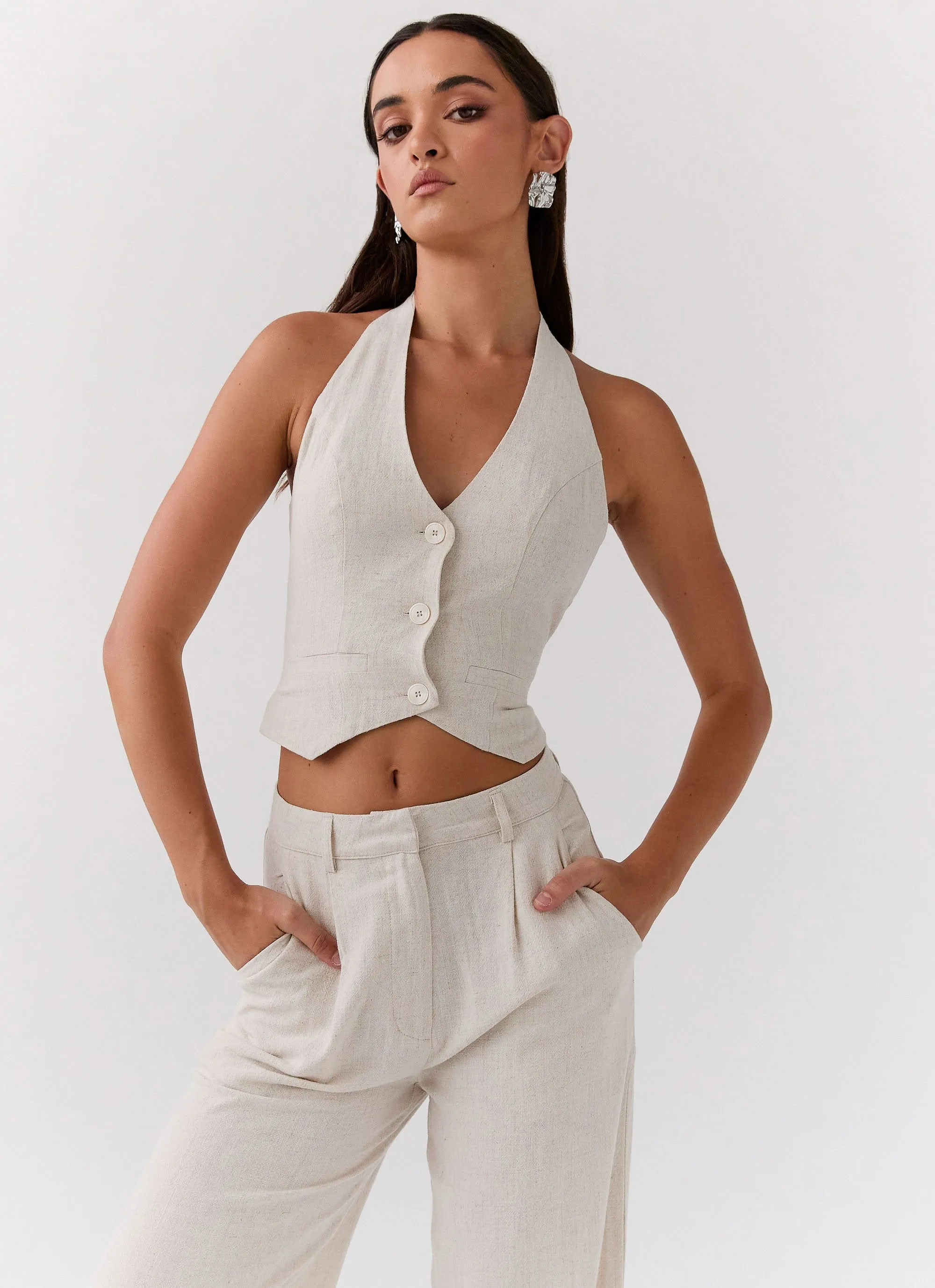 Exclusive - Ambrosa Halterneck Linen Vest - Oatmeal