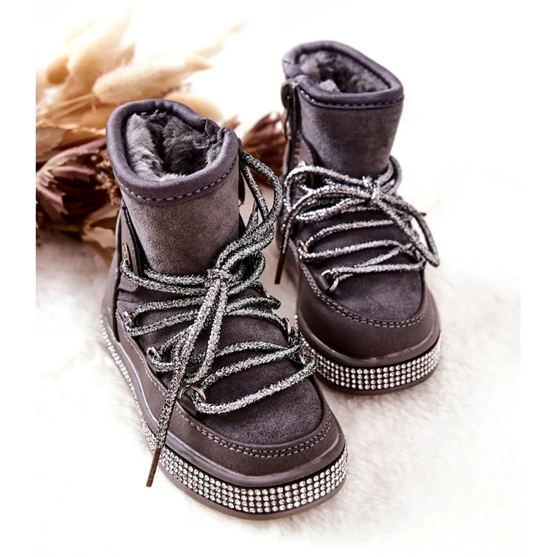 Gray Snow Boots With Cubic Zirconia