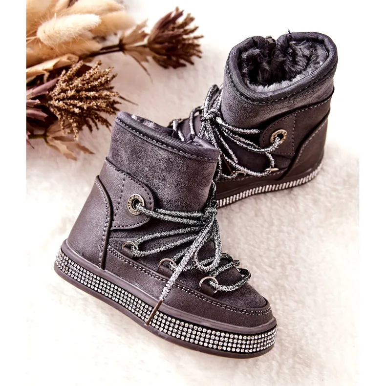 Gray Snow Boots With Cubic Zirconia