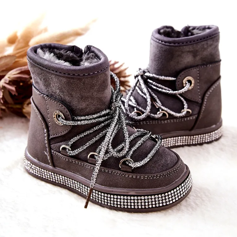 Gray Snow Boots With Cubic Zirconia