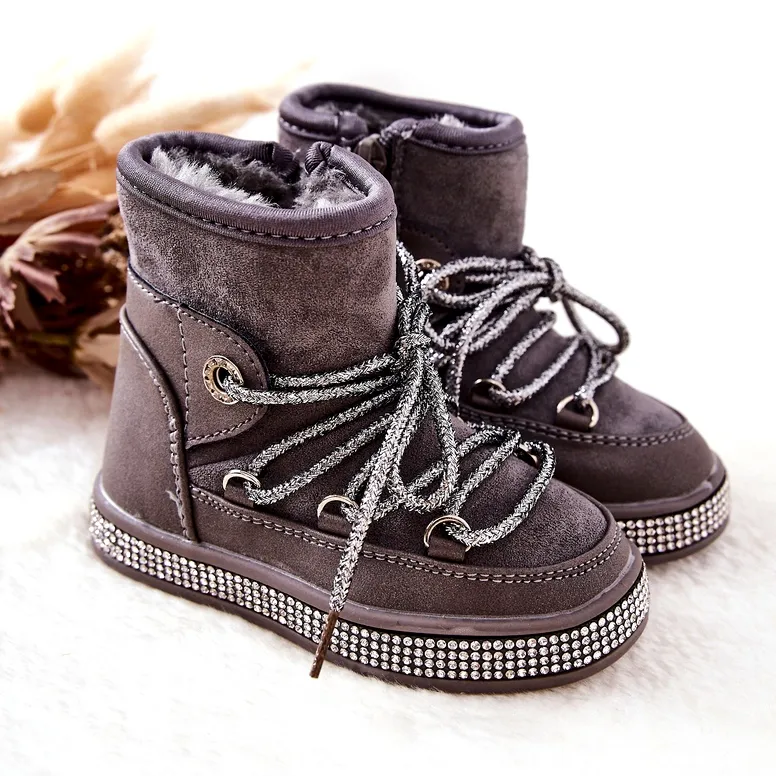 Gray Snow Boots With Cubic Zirconia