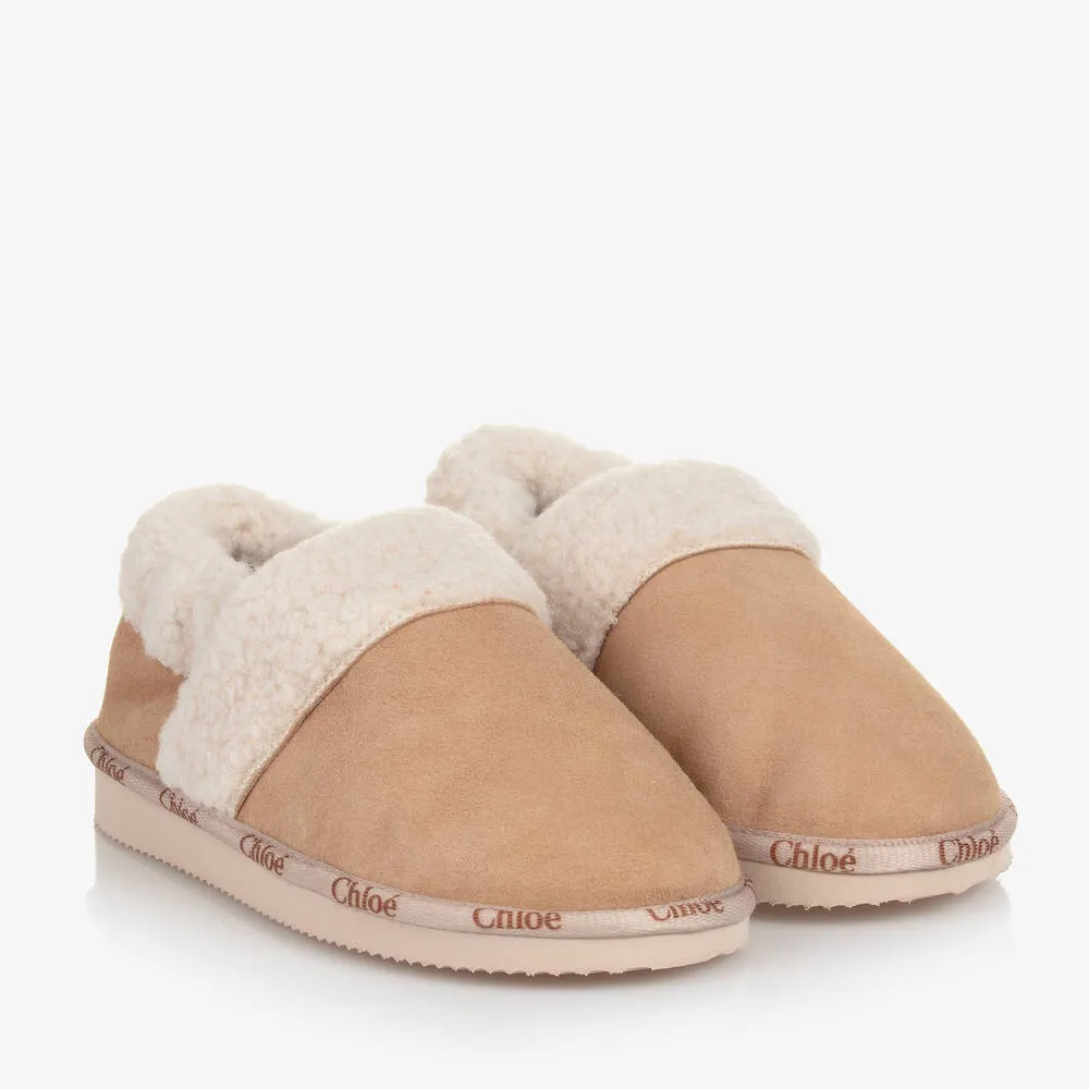 Girls Beige Suede and Sherpa Slippers