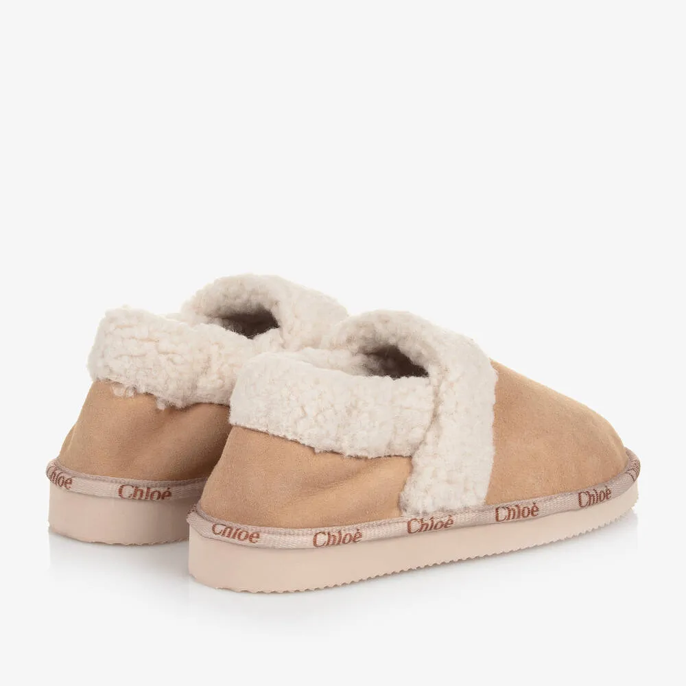 Girls Beige Suede and Sherpa Slippers