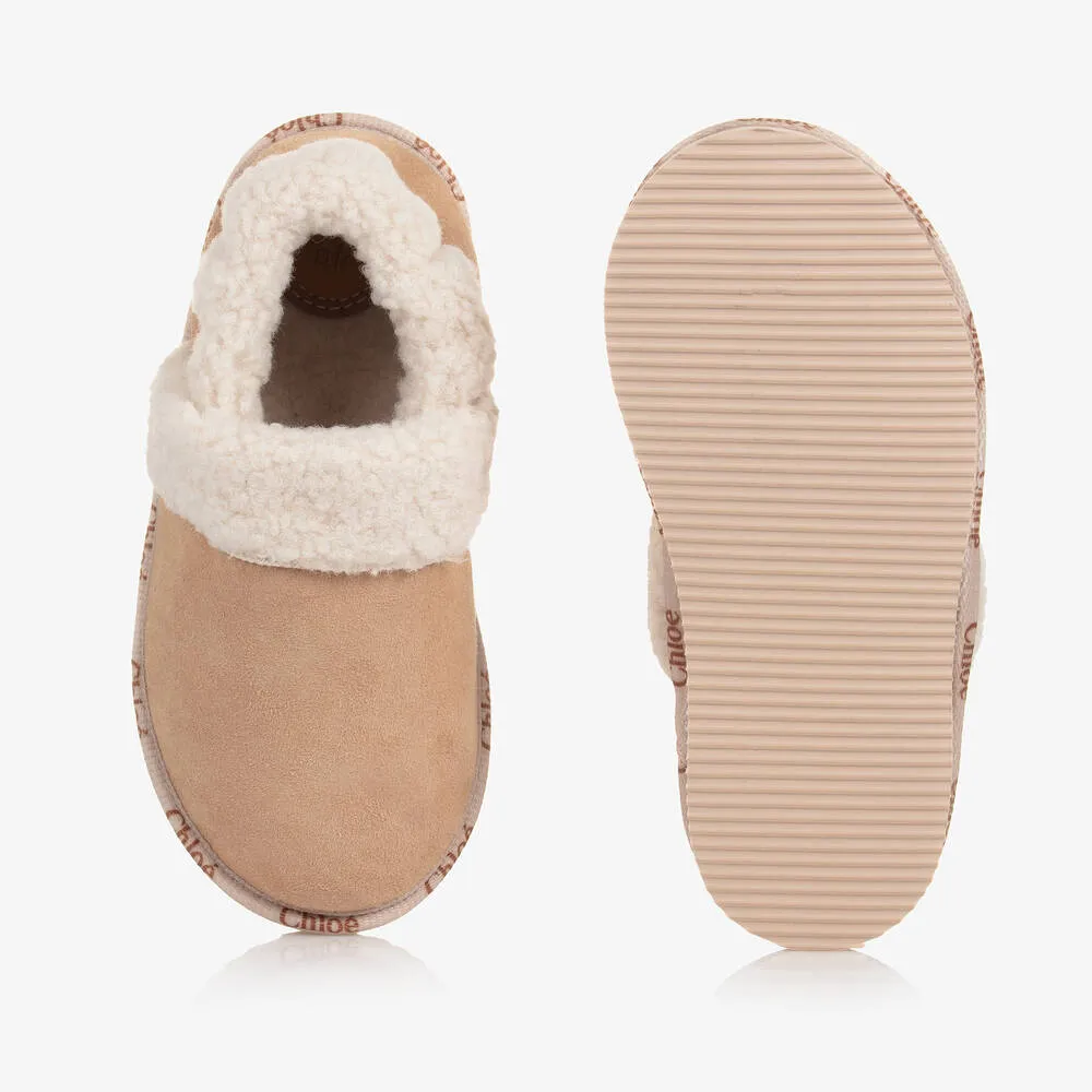 Girls Beige Suede and Sherpa Slippers