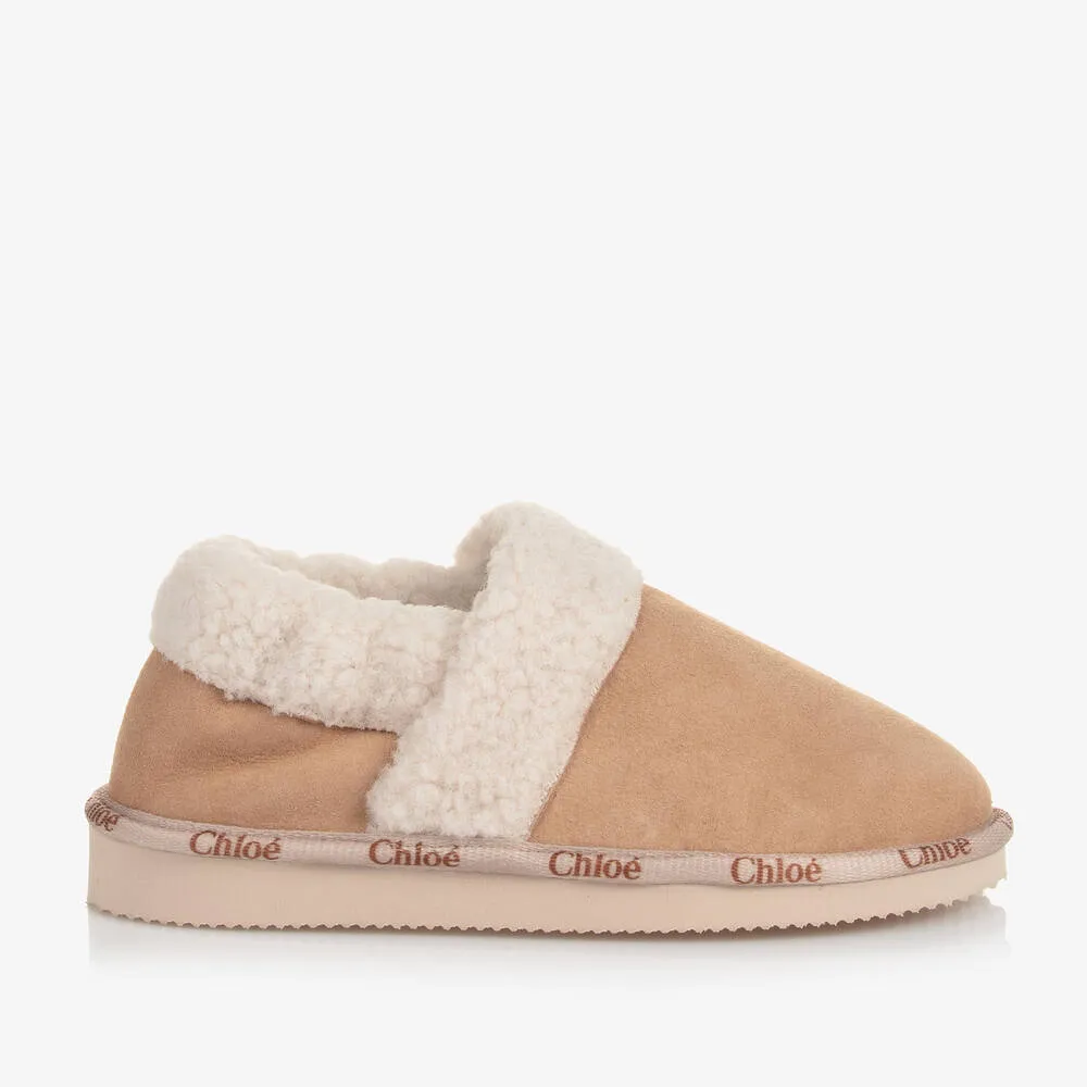 Girls Beige Suede and Sherpa Slippers