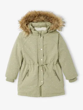 Girls Hooded Parka Iridescent Dots Recycled Polyester Padding Green Printed