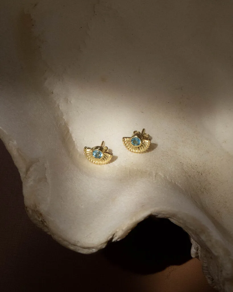 Gold Sun Rays Earrings with Aqua Stones