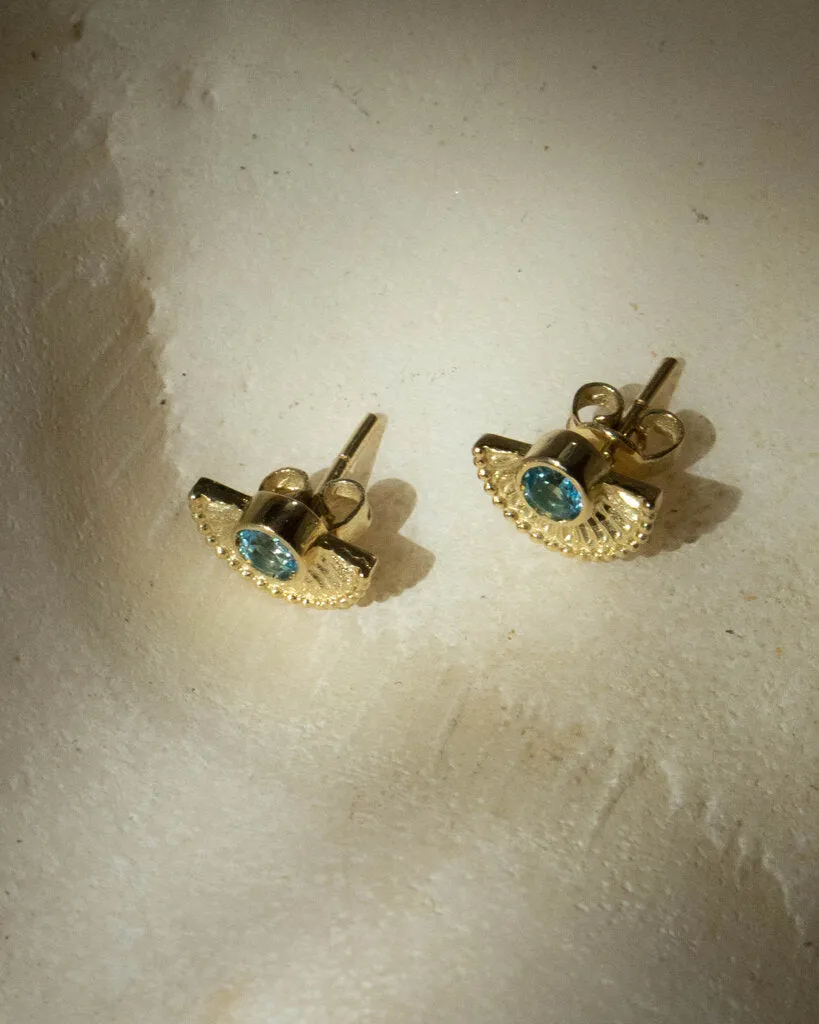 Gold Sun Rays Earrings with Aqua Stones