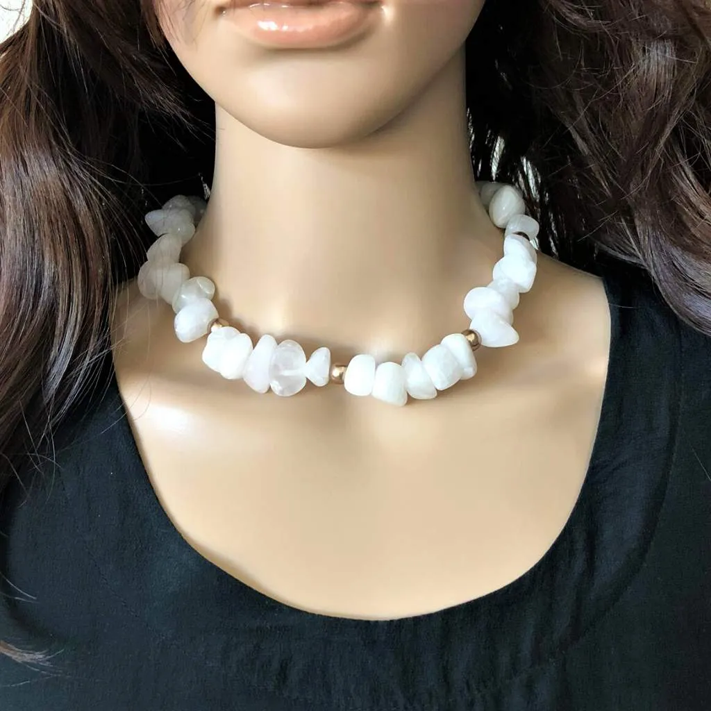 White Agate Beaded Necklace with Gold Beads