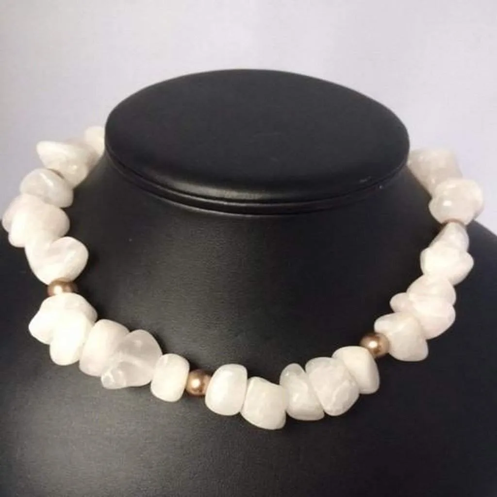 White Agate Beaded Necklace with Gold Beads