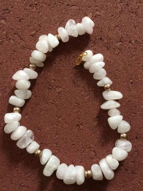 White Agate Beaded Necklace with Gold Beads