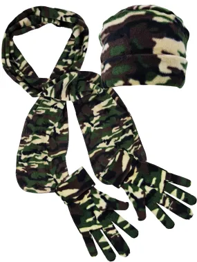 Green Camouflage Pattern Polar Fleece Scarf Gloves Hat Matching Set